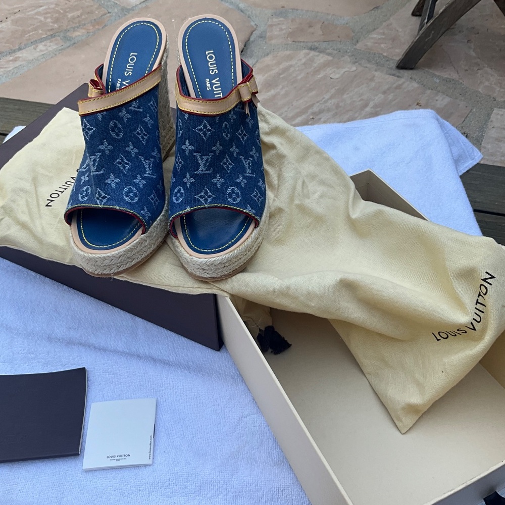 Louis Vuitton Blue Monogram Denim Wedge Espadrilles - Picture 9 of 14
